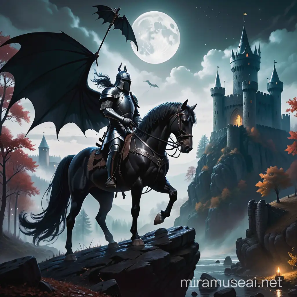 A gloomy forest in the dark times of the Middle Ages, at night, a lord in jet black armor is on his black horse looking from the top of a rock at the ruined castle behind the forest, at the top of the castle a light dragon bows to the lord and watches him.