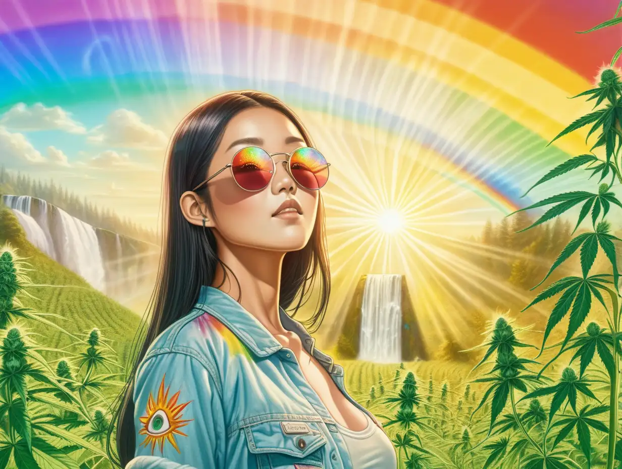 Stylish Asian Woman with AllSeeing Third Eye in Cannabis Field