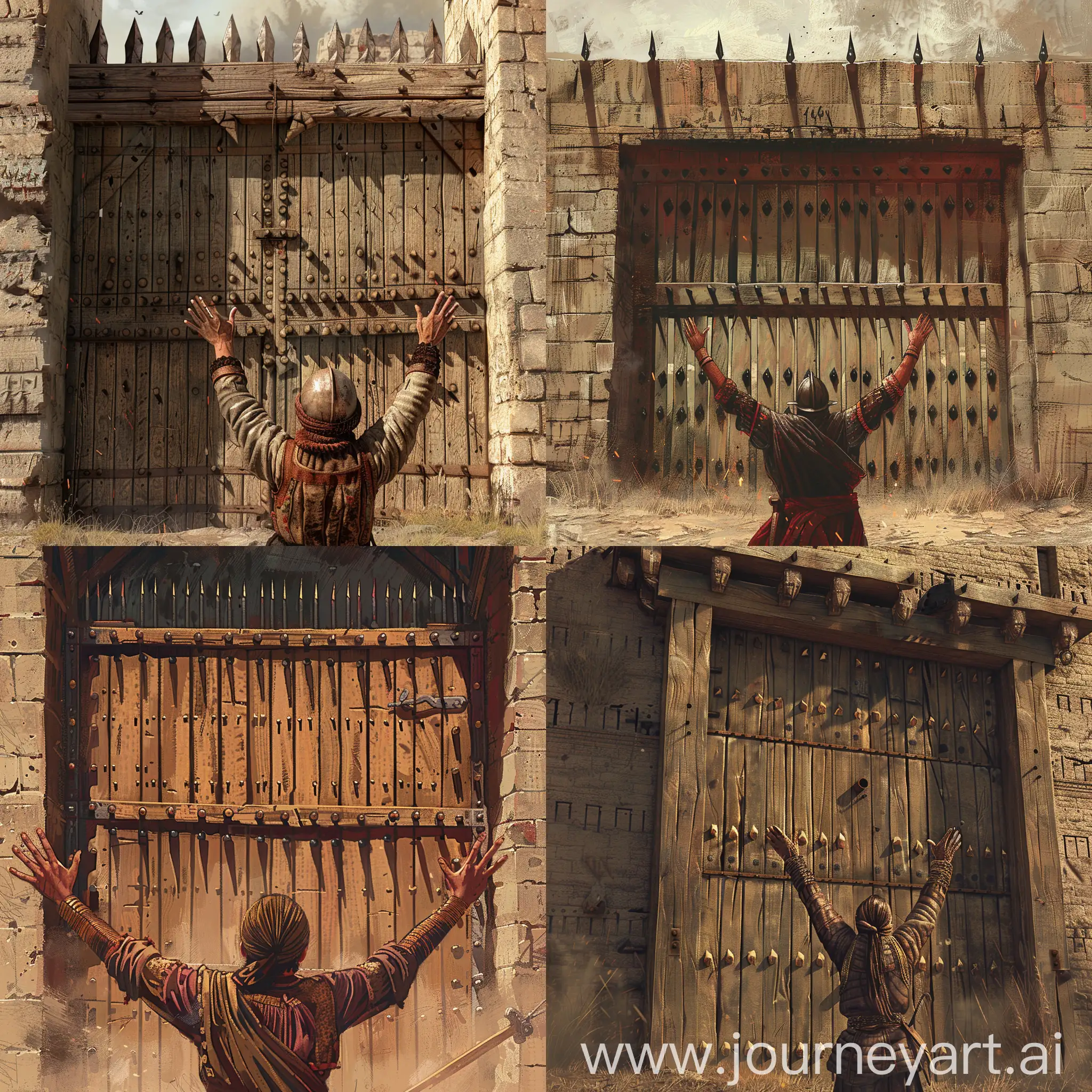 The year is 1498 CE. A battle is going on between the rajput forces and sultanate. Imagine a rajput soldier with his hands raised standing in front of the wooden gate of a rajput fort with horizontal spikes on the gate. 