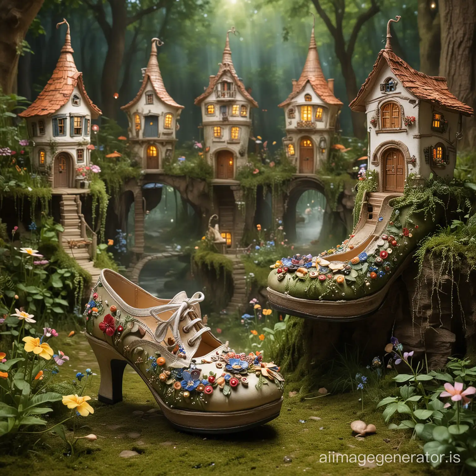 Magical shoes in a fairy environment. The shoes are the houses of the Lilliputians in a fairy environment.