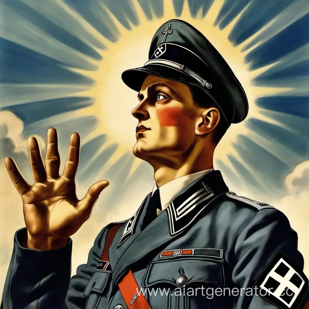 Немецкий нацист, ариец с голубыми глазами и свастикой на плече поднимает руку в сторону солнца. он должен быть в форме немецкого Офицера 1941 года