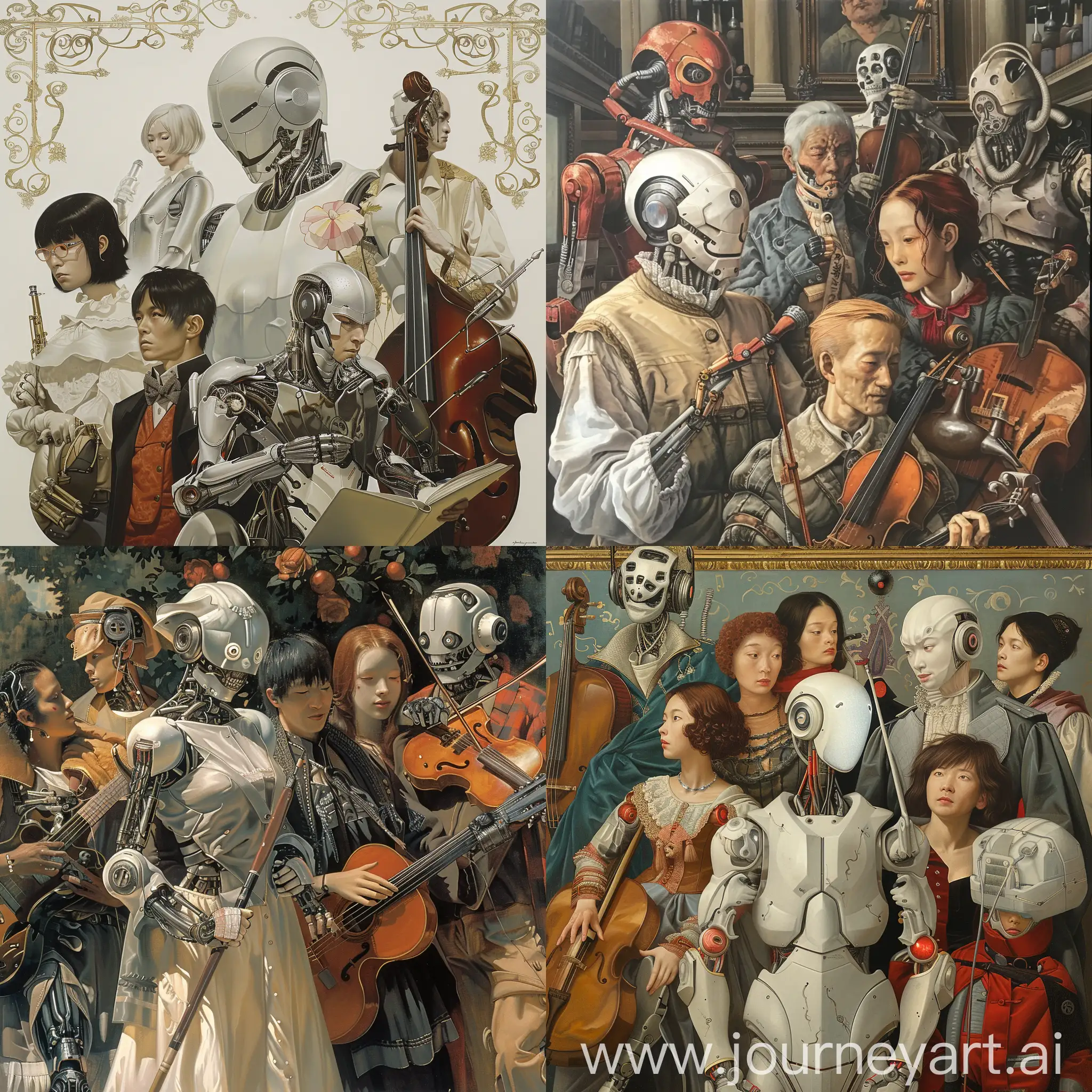a renaissance painting of cyborg artists, musicians and writers a by hajime sorayama


