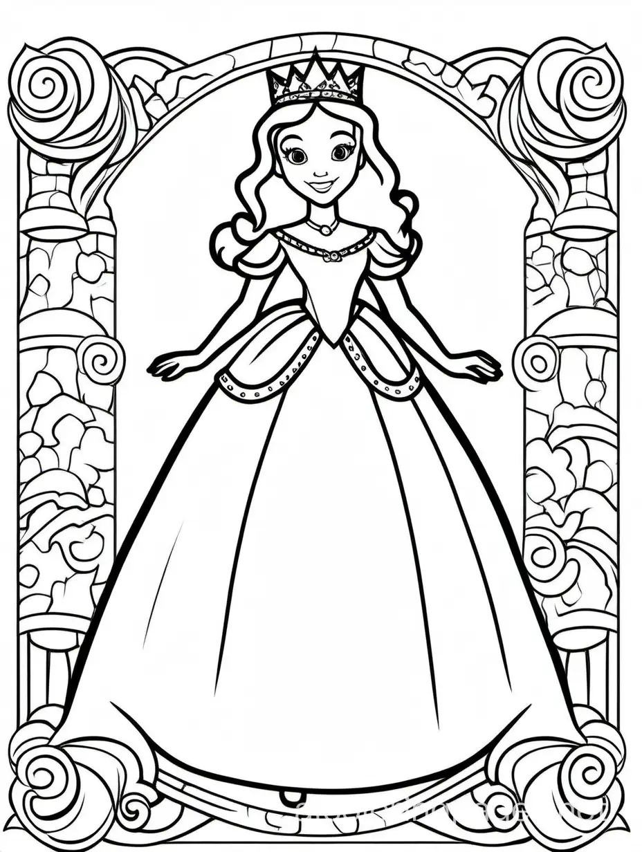 princess for kids , Coloring Page, black and white, line art, white background, Simplicity, Ample White Space. The background of the coloring page is plain white to make it easy for young children to color within the lines. The outlines of all the subjects are easy to distinguish, making it simple for kids to color without too much difficulty