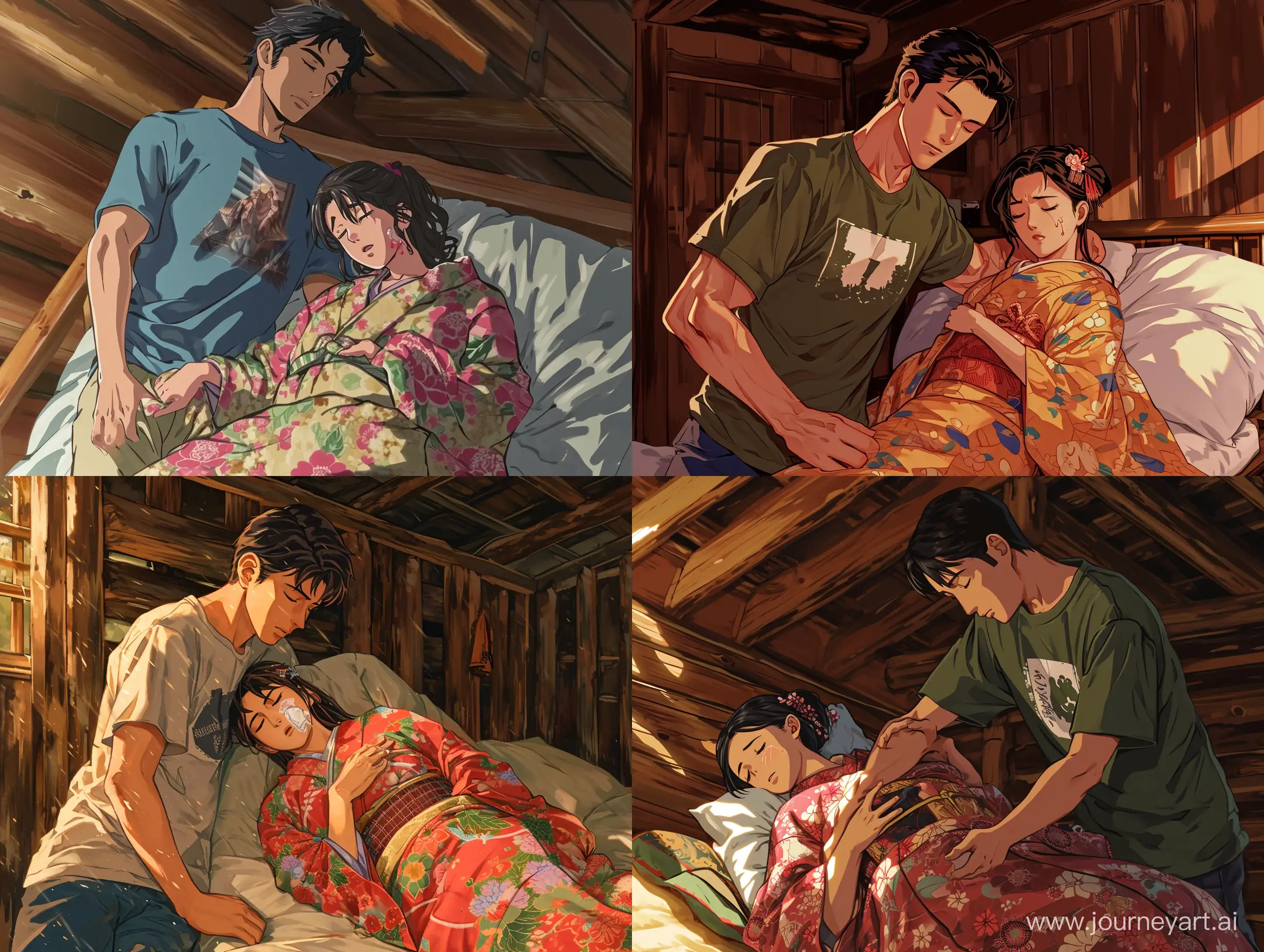 an anime scene, best quality, a man in T-shirt take care of a woman in kimono, the woman in kimono is sick and sleeping,  ultra detailed, inside a wooden cabin, --v 6 --ar 4:3 --q 2