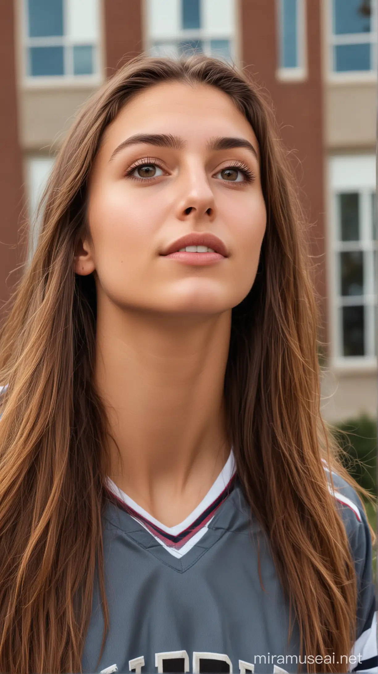 a realistic photo of a very pretty 19 year old woman with long brown hair, looking up at a handsome man wearing a hockey jersey, in front of college campus