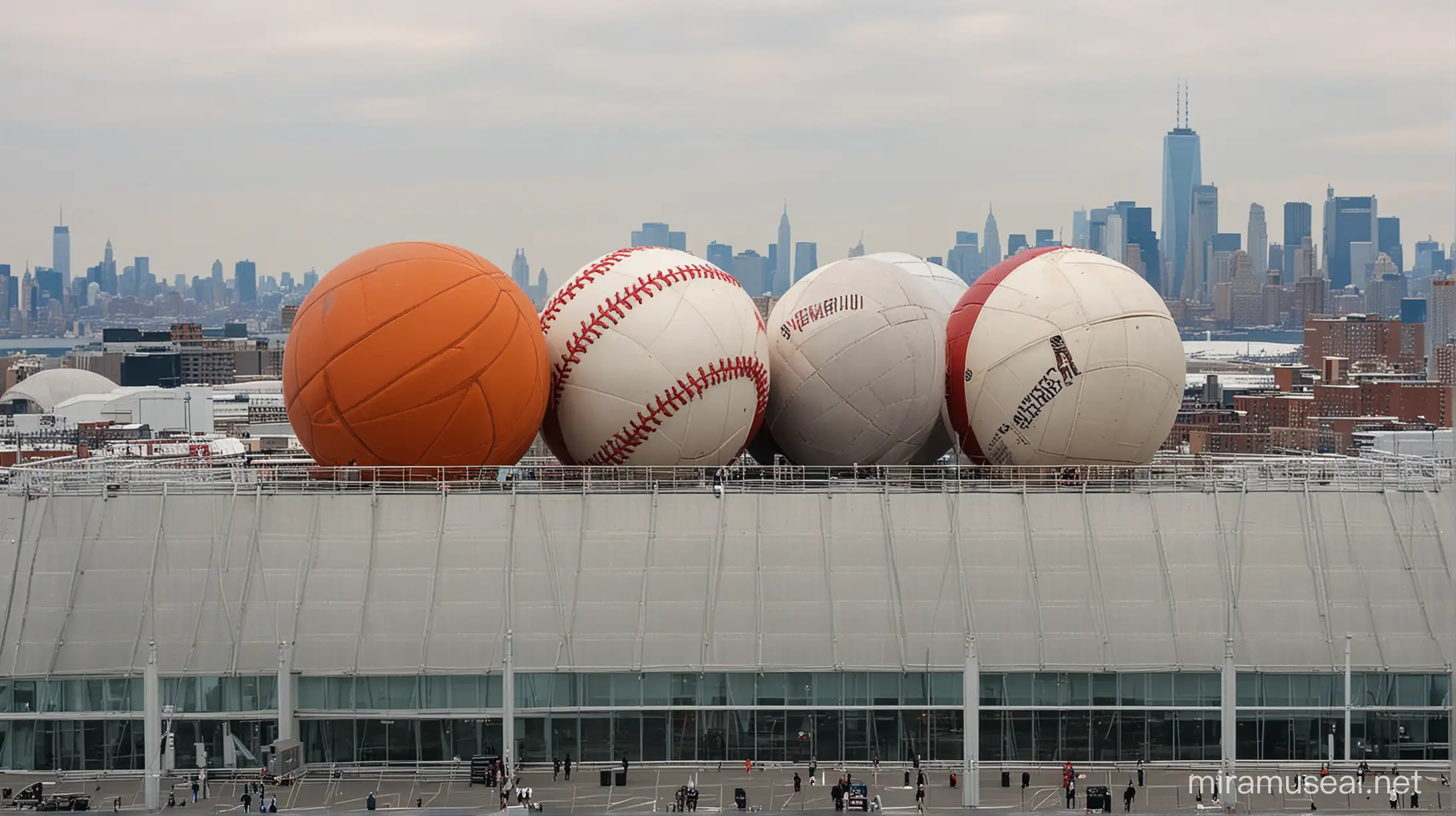 a bunch of huge sports balls on top of the Javits Convention Center in New York City
