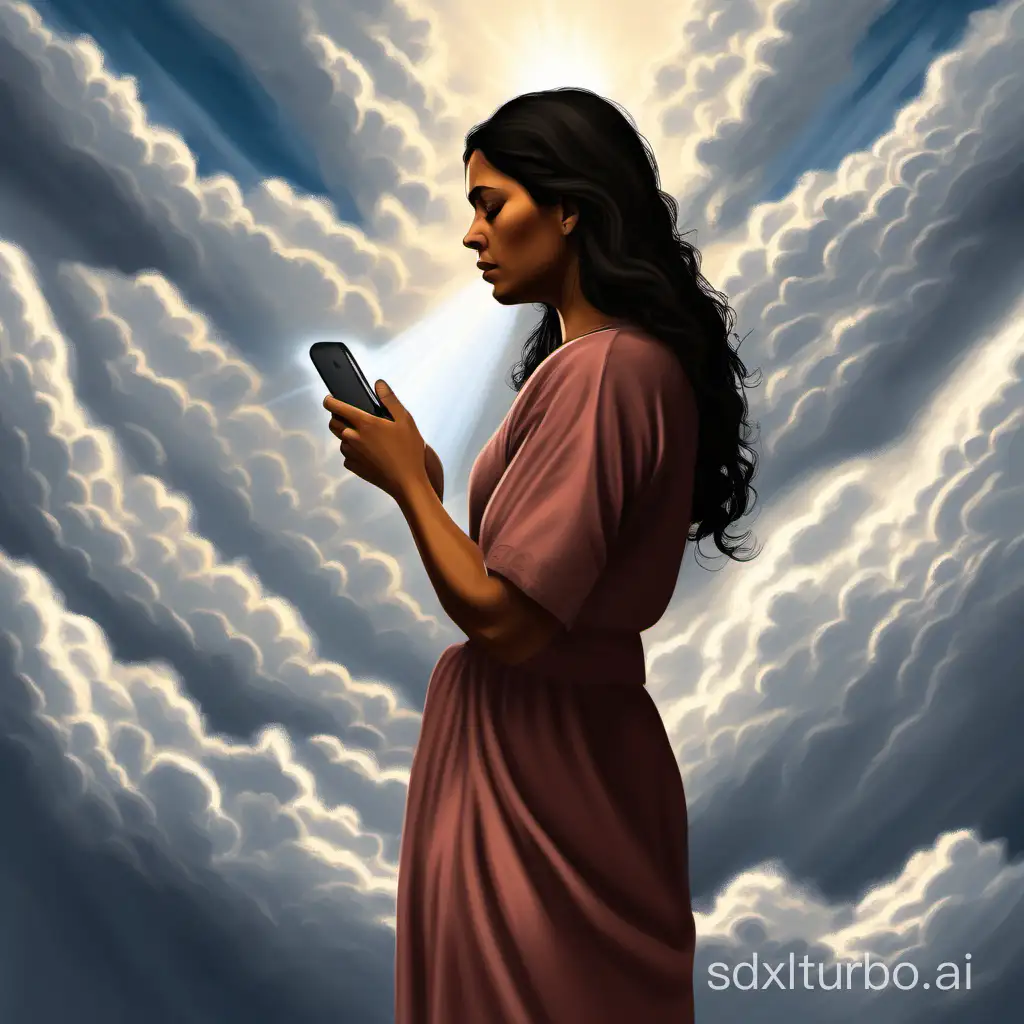 Digital painting of a Latina woman looking upset at her iPhone turned her back Jesus in heaven in the clouds