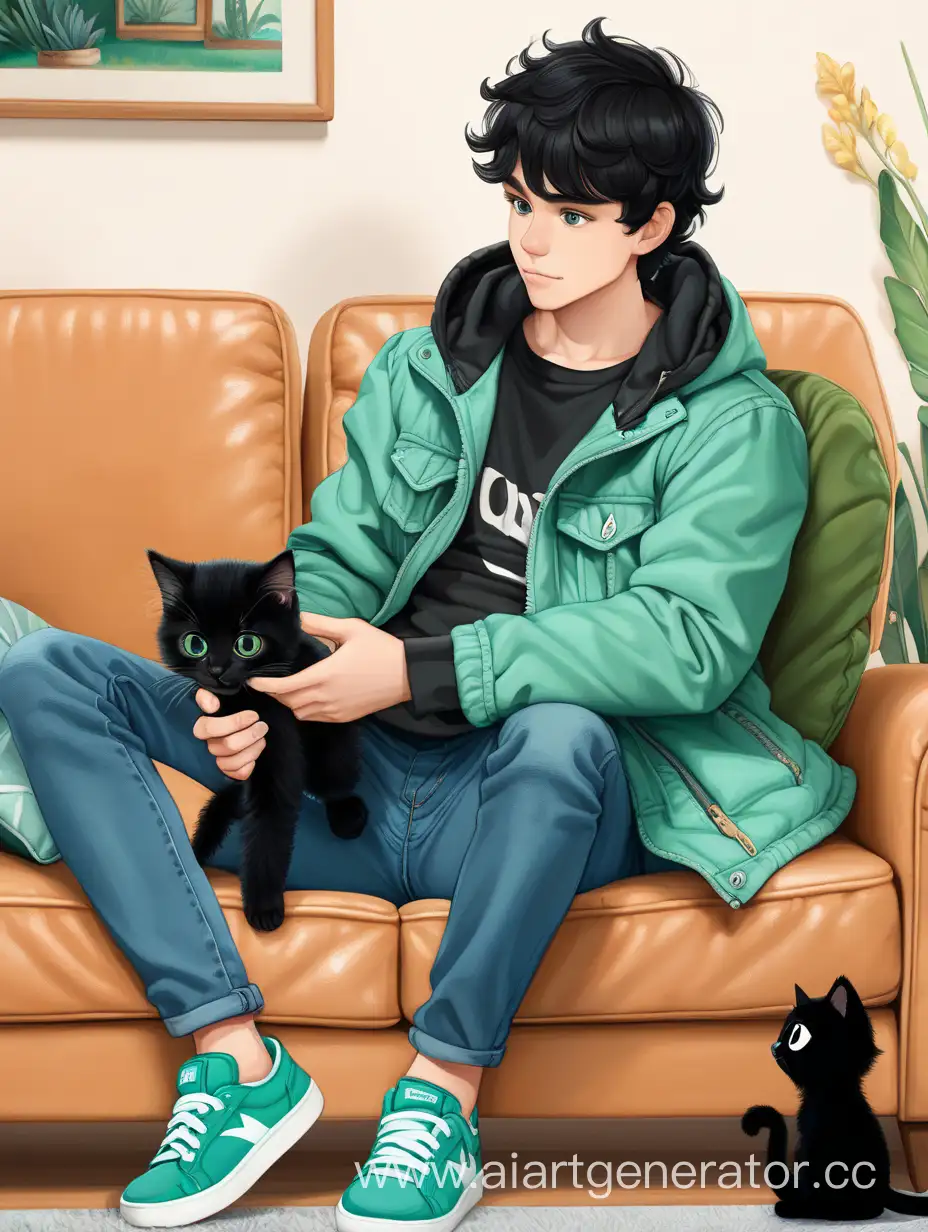 Парень с черными растрепанными волосами, в зеленой куртке, джинсах, синих кроссовках сидит на диване и гладить черногг котёнка