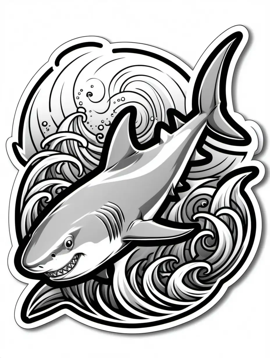 Cartoon Shark Sticker Fun Monochrome Coloring Book Design