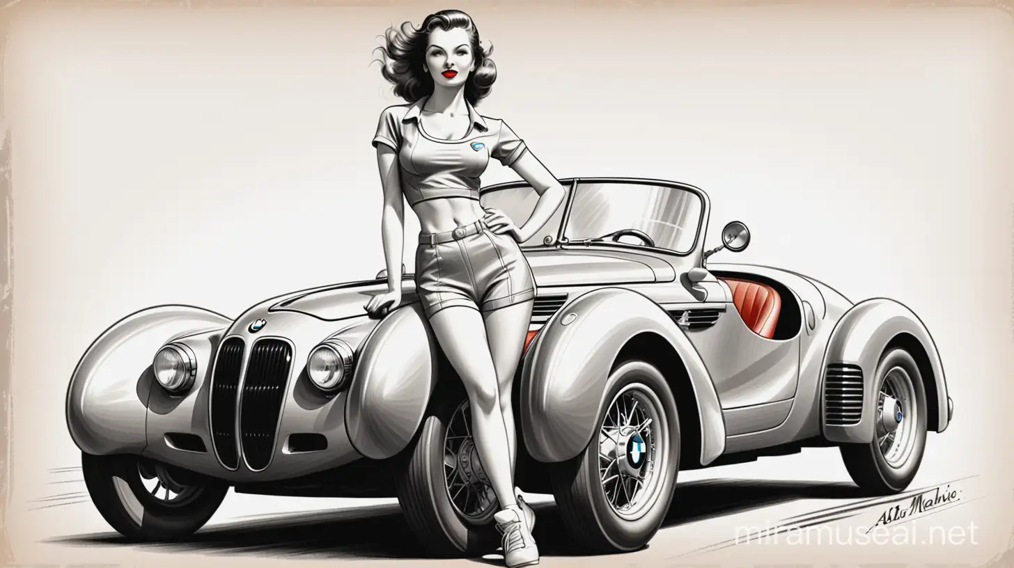 Attractive girl in a sports BMW. 1940s pencil sketch style graphic Text: AUTO MTechnic