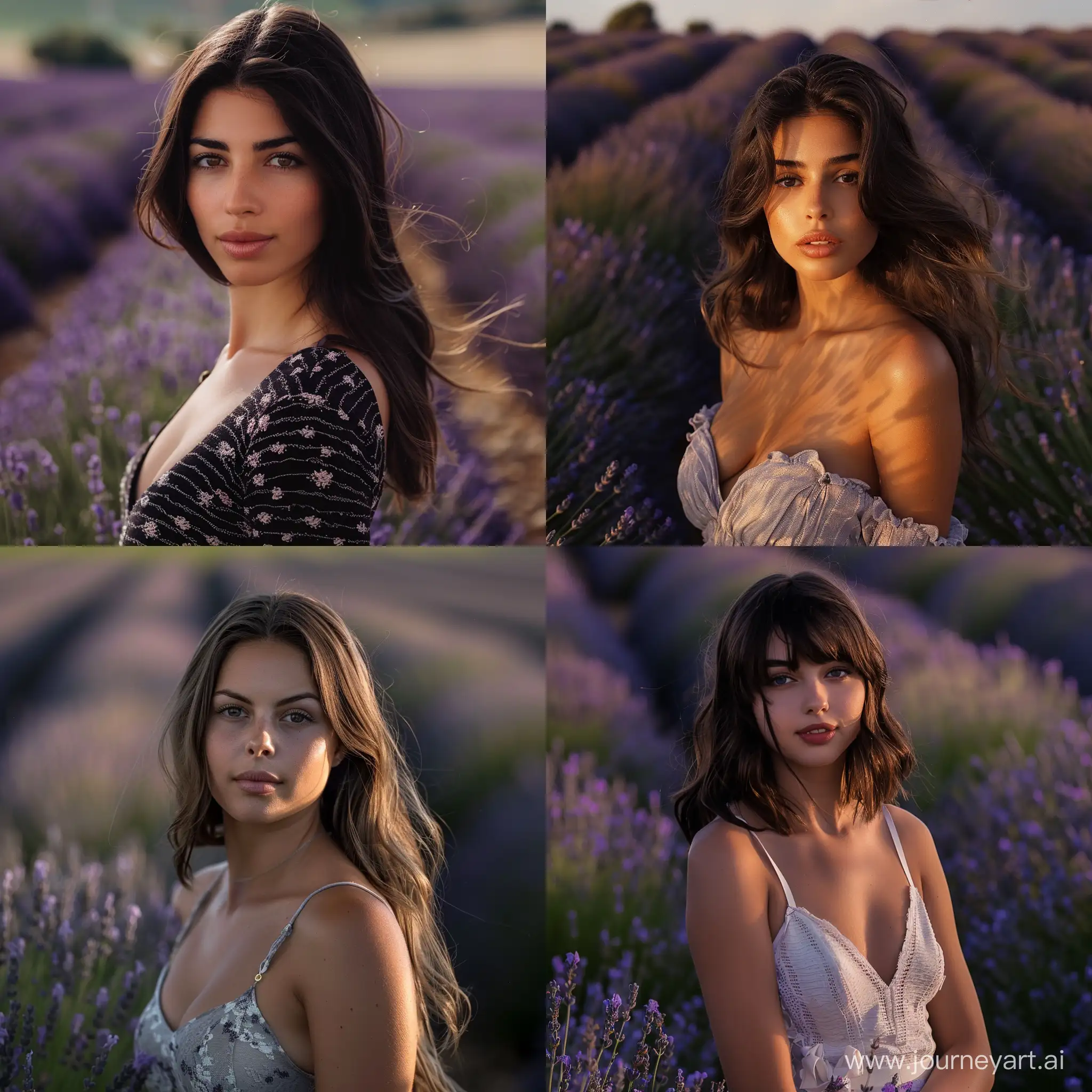 hour glass physique, slim brunette model that dose not exist in real life, standing in a lavender field, slight smirk