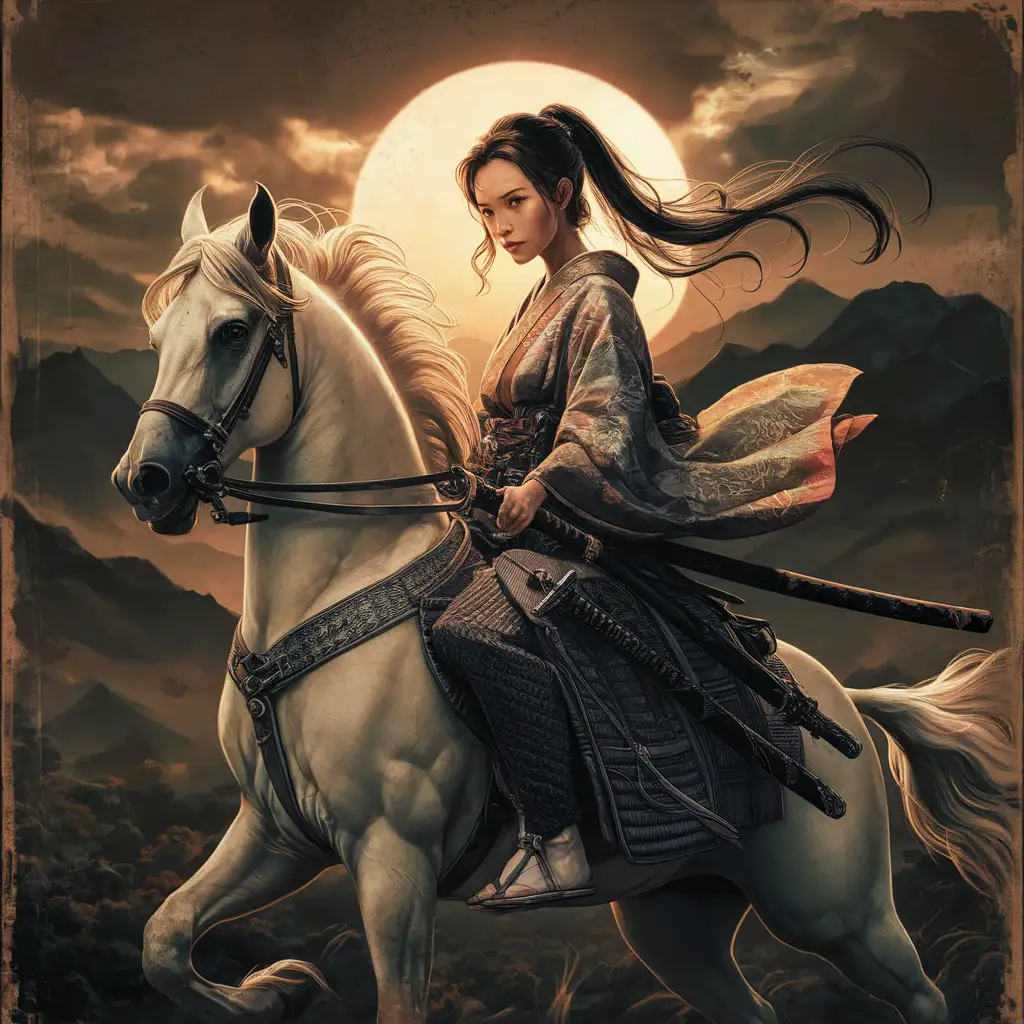 psychologically charged composition, a beautiful female samurai riding a white horse, vintage style 