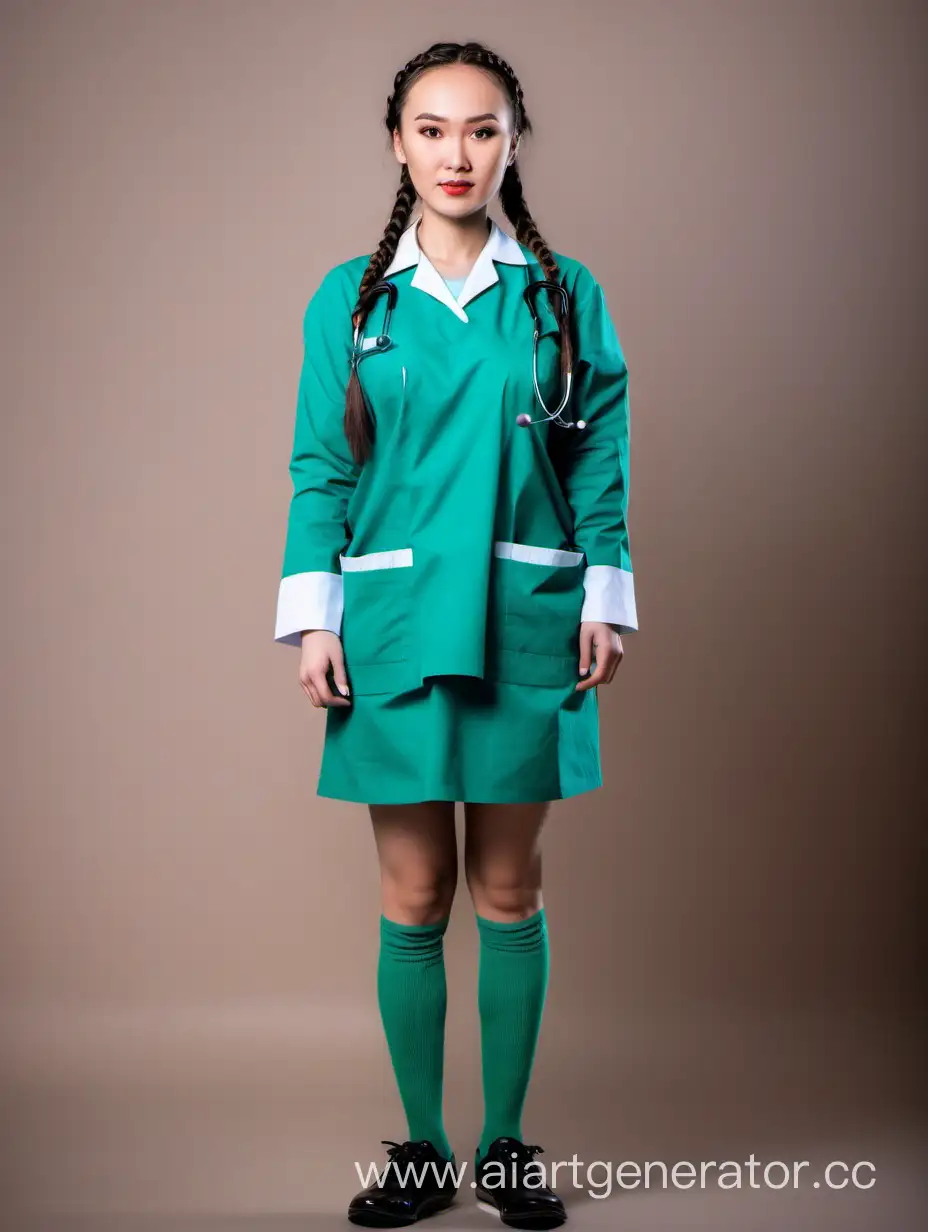 Молодая медсестра казашка с косичками с длинными рукавами и голыми коленями в коротких зелёных носках и туфлях, полный рост