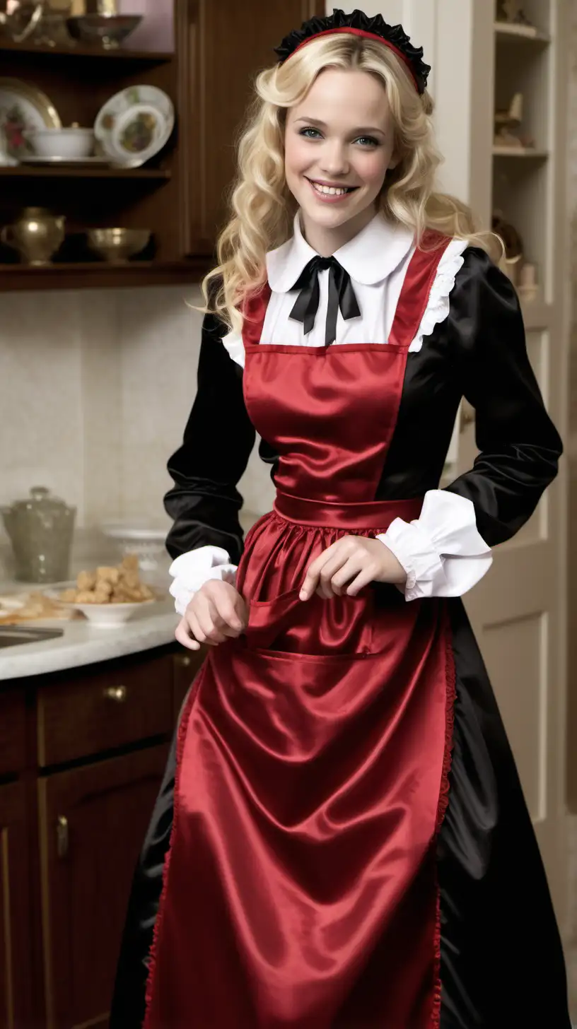 girls in long crystal silk satin red black,lila retro victorian maid gown with white apron and peter pan colar and long sleeves costume and milf mothers long blonde and red hair,black hair rachel macadams  smile in big house