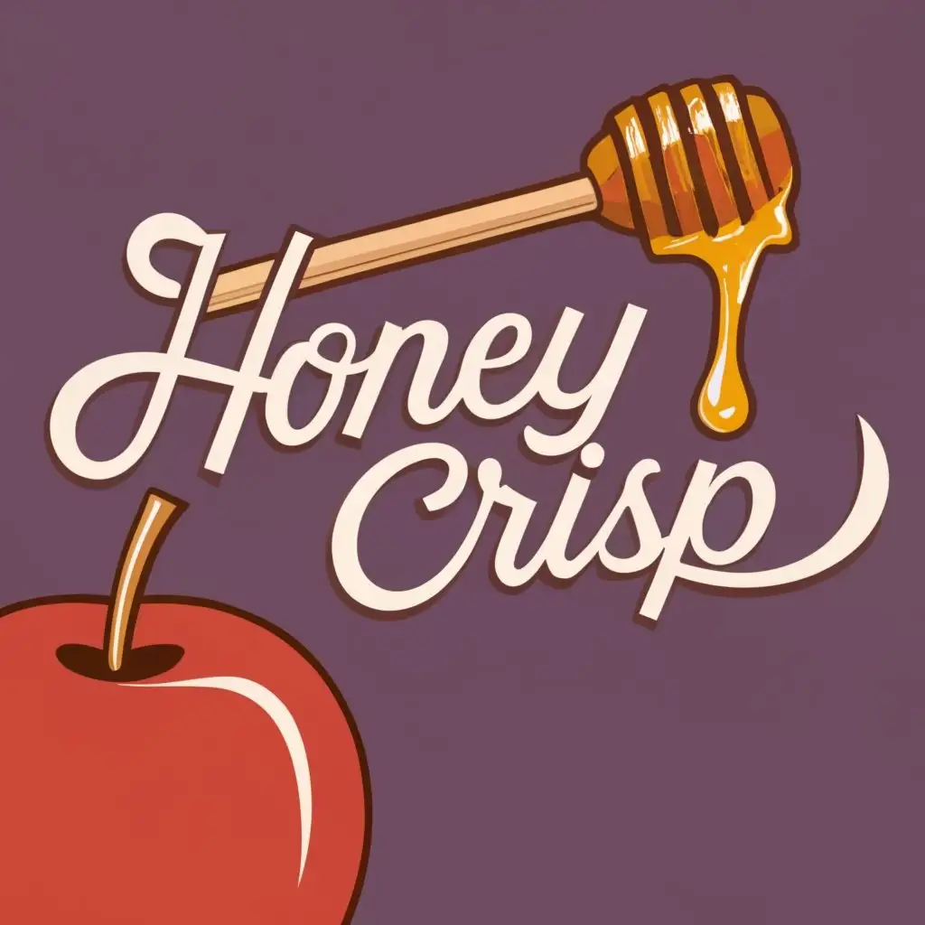 logo, A red apple and wooden honey dipper with gold honey dripping off, with the text "Honey Crisp Mead", typography