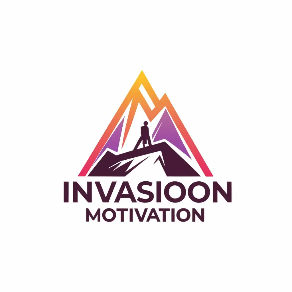 a logo design,with the text "INVASION MOTIVATION", main symbol:Mountain, there stands a little man on the top,complex,be used in Internet industry,clear background