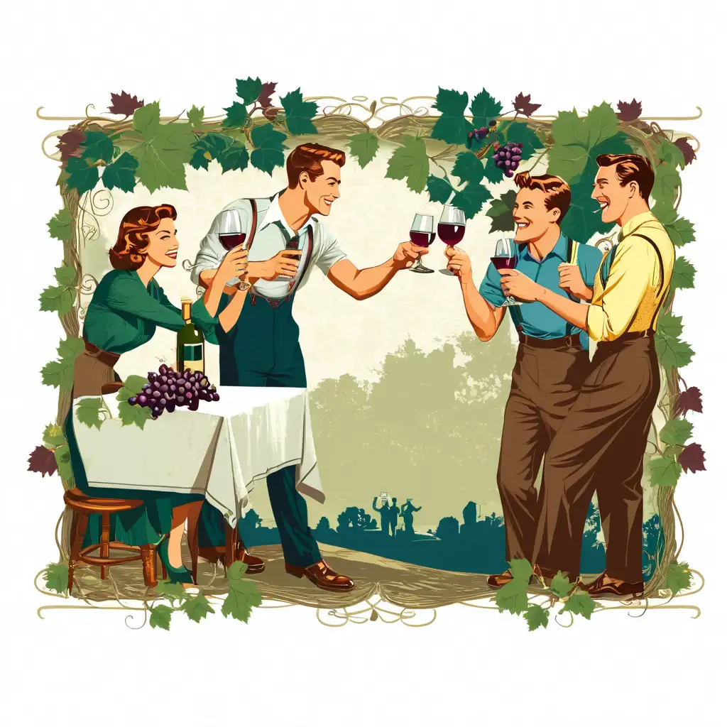three college men and one women in vintage clothing toasting with wine glasses, with a decorative grapevine border on a textured background, vector style, comic style