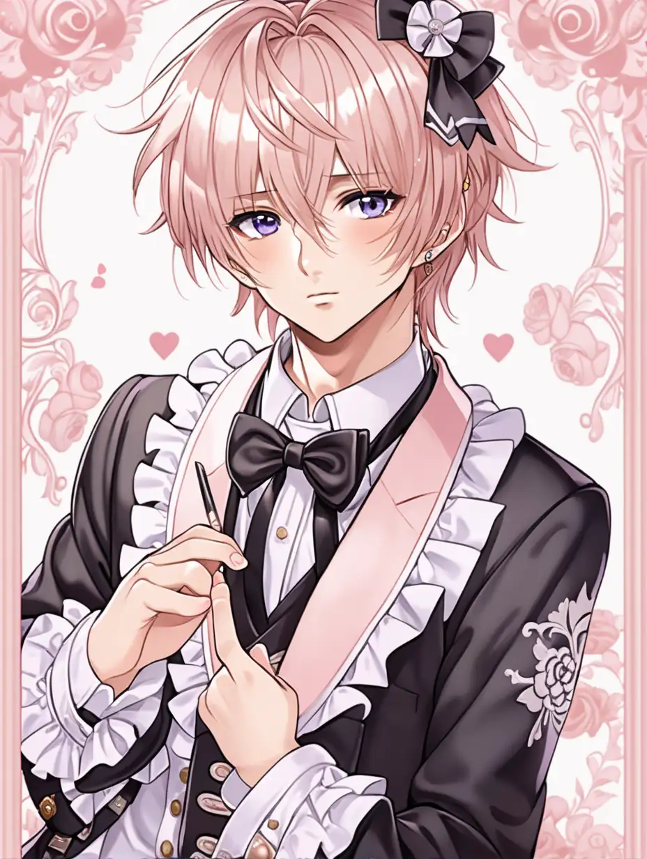 blushing anime male wearing lolita