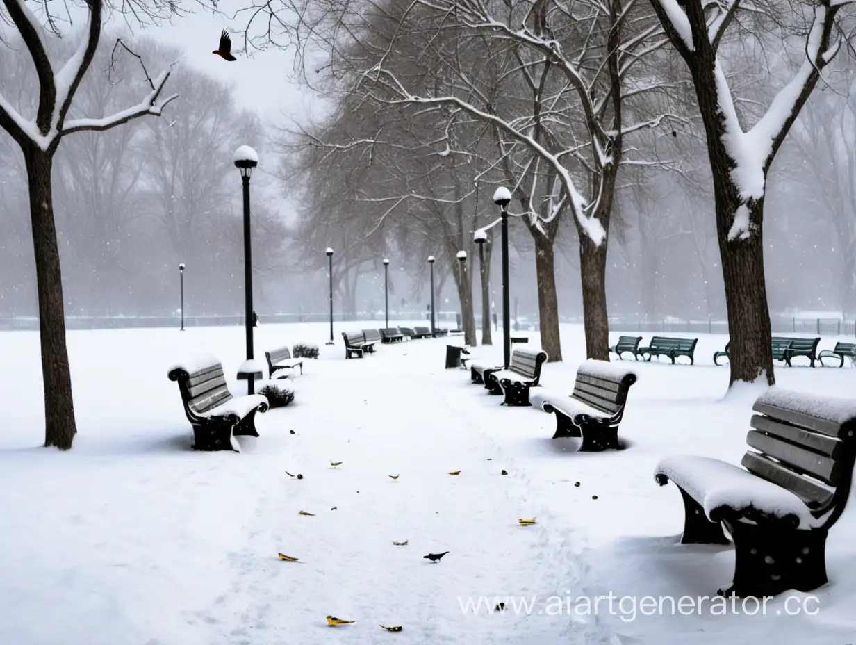 Park, winter, path, benches along, snow falling. Birds are flying.