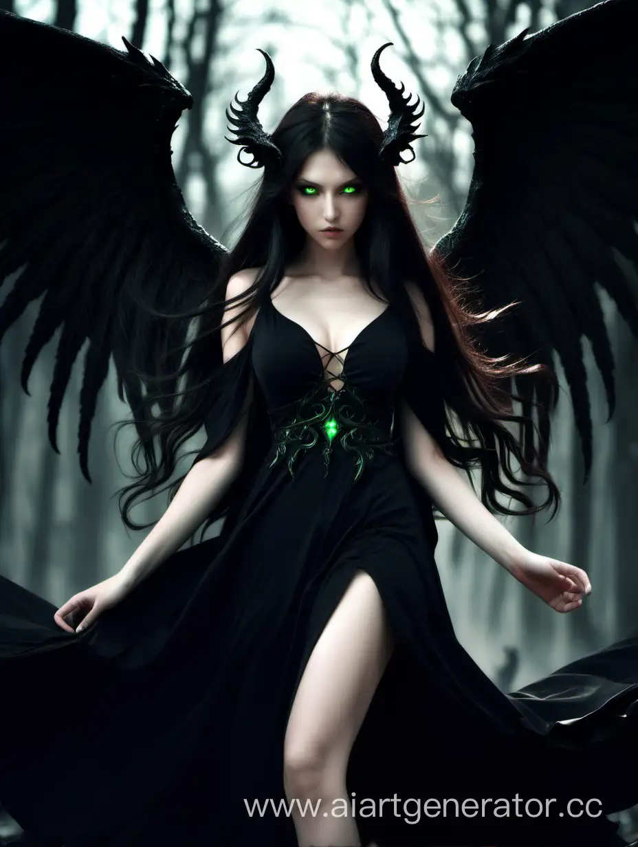 Girl, dark long hair, green eyes, black dress, magic, witch, demoness, fallen angel, six wings