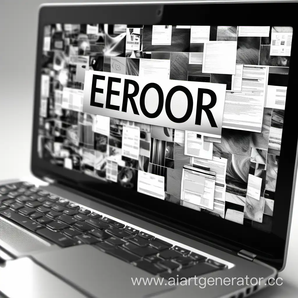 collage: error on the laptop screen, beautiful, black and white appearance, glossy highlights, error theme, incorrect actions