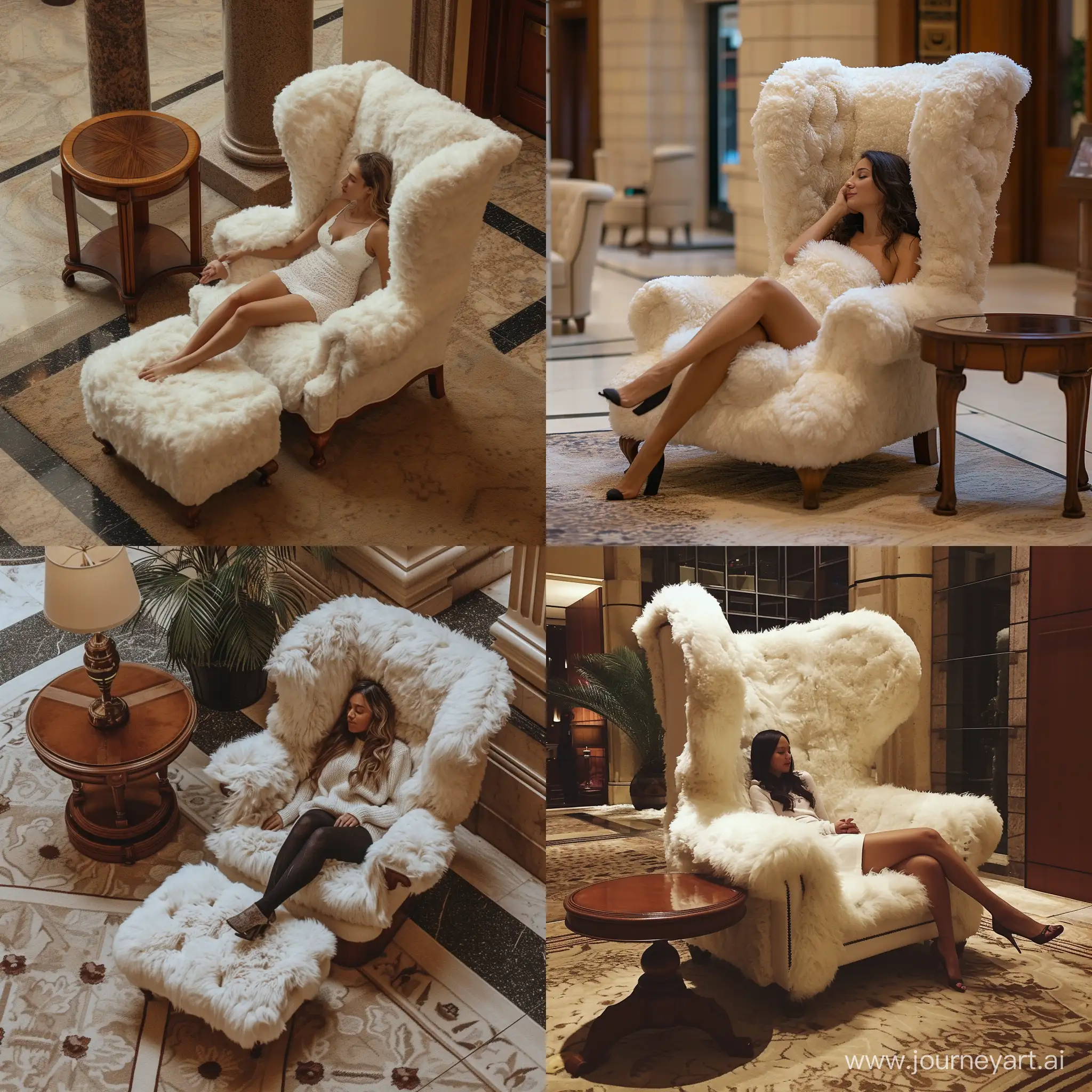 woman relaxing in a tall back neo-cosmic chesterfield arm chair made with thick white fur, a mahogany coffee table next to it, a thick carpet under it, hotel lobby, focus on a air of comfort, loneliness and luxury