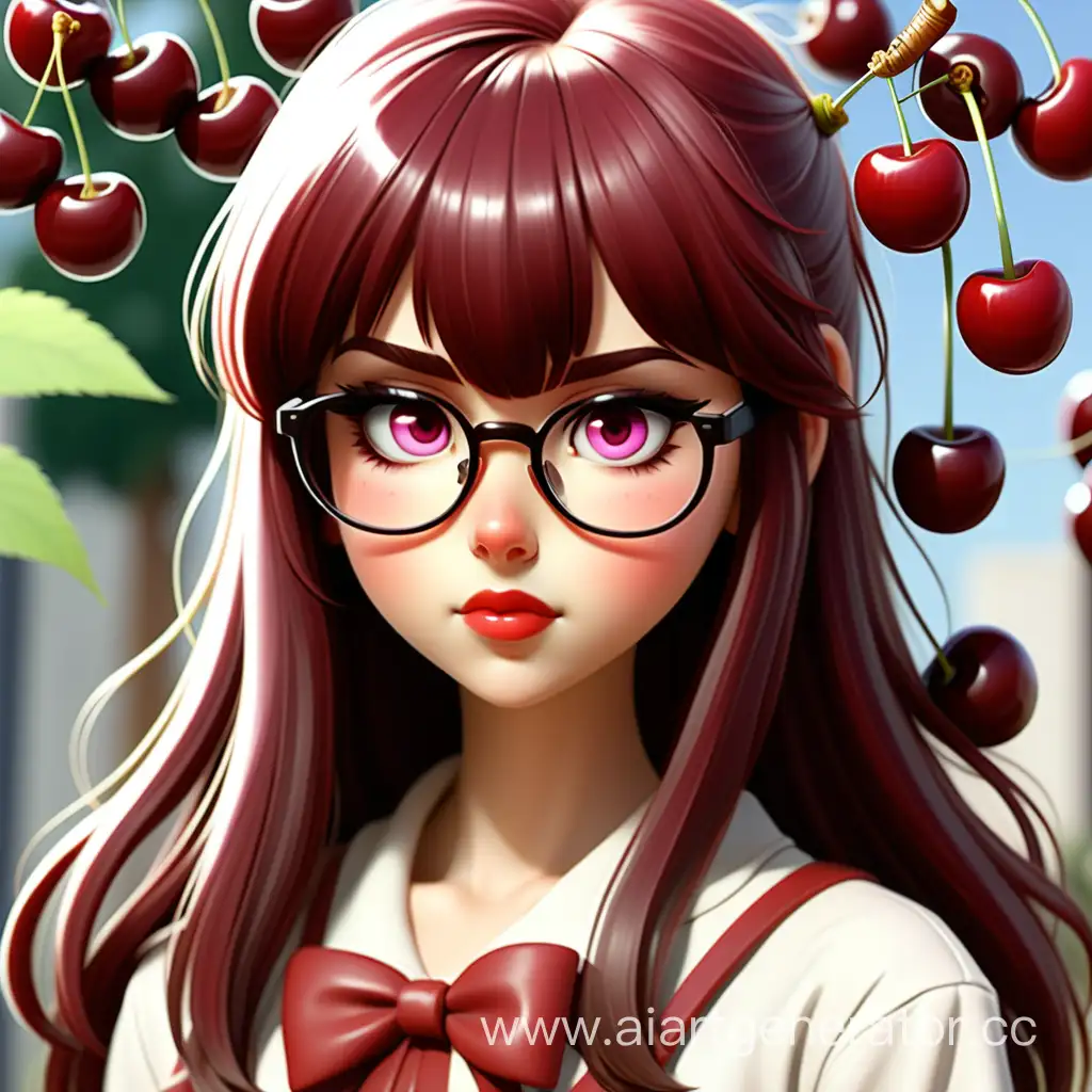 Вишнёвая девушка  с челкой и длинными волосами, в очках, цвет глаз вишневый