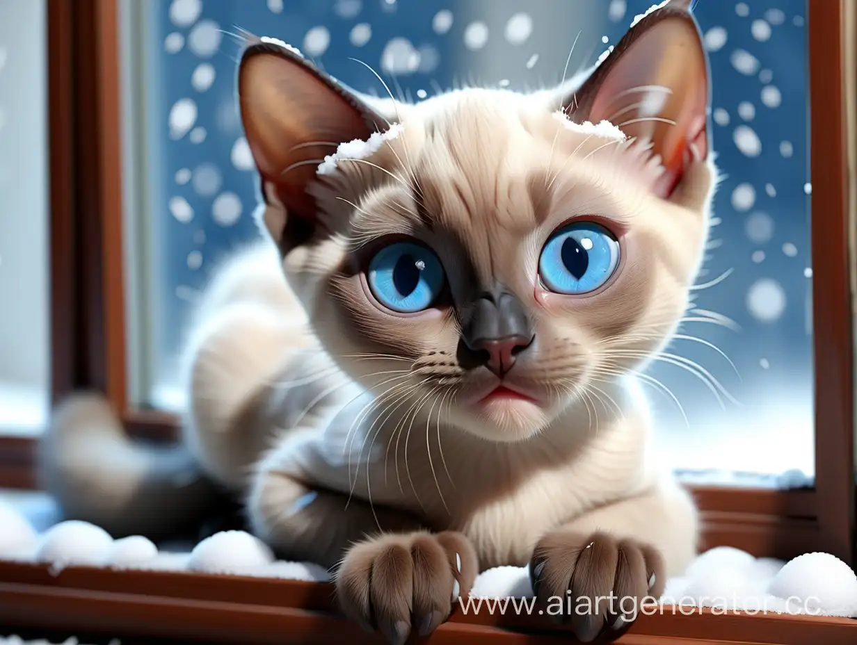 Сиамский котёнок,  с большими голубыми , лежит на большом окне, за окном идёт снег

