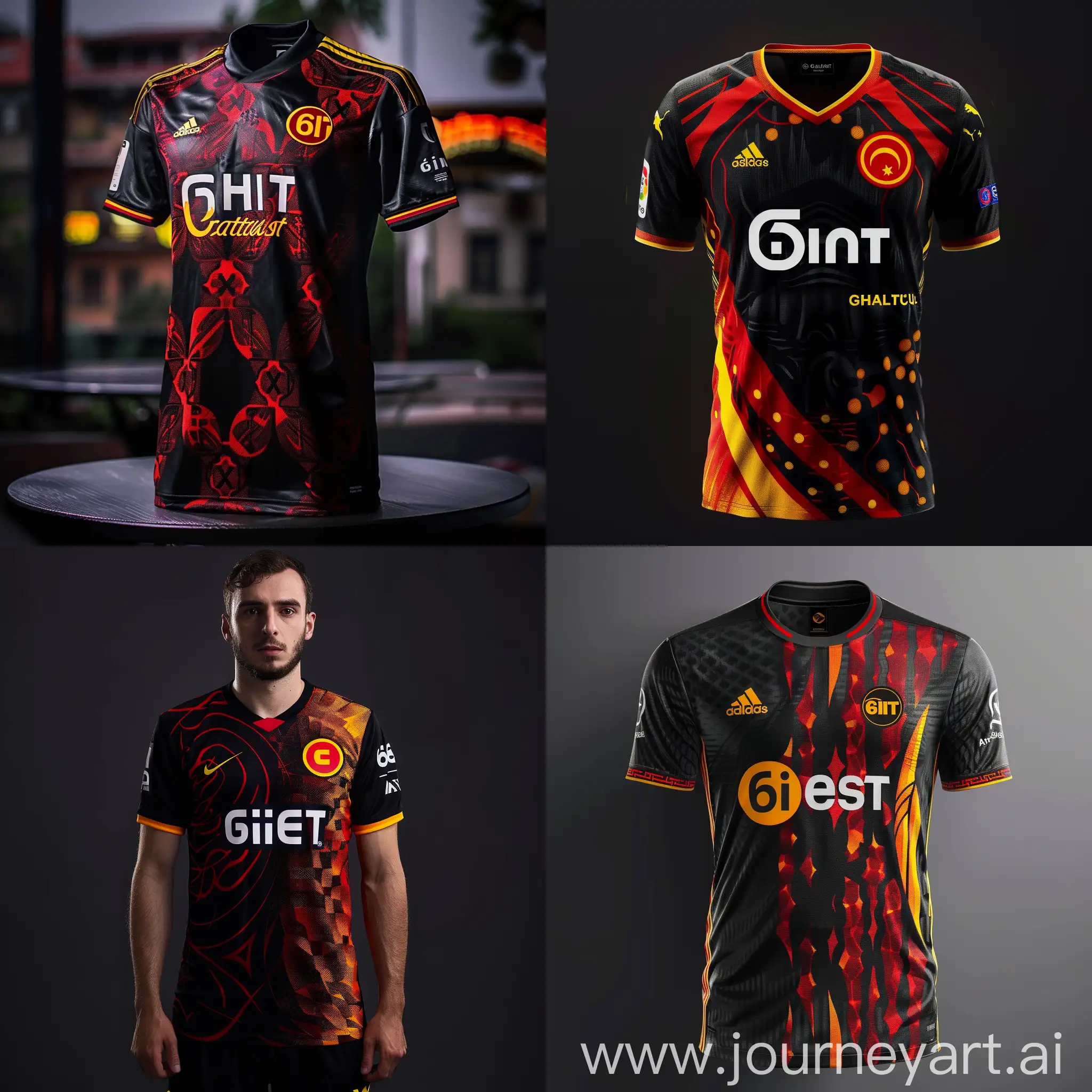 yeni ve modern Galatasaray forması siyah üzerine kırmızı ve sarı desenler forma sponsoru sixt