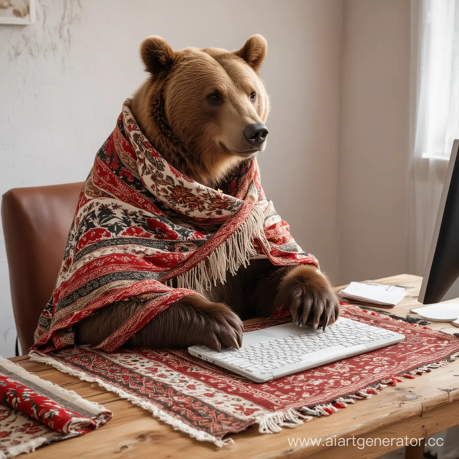 бурый медведь в русском платке с узорами сидит столом в компьютере и работает