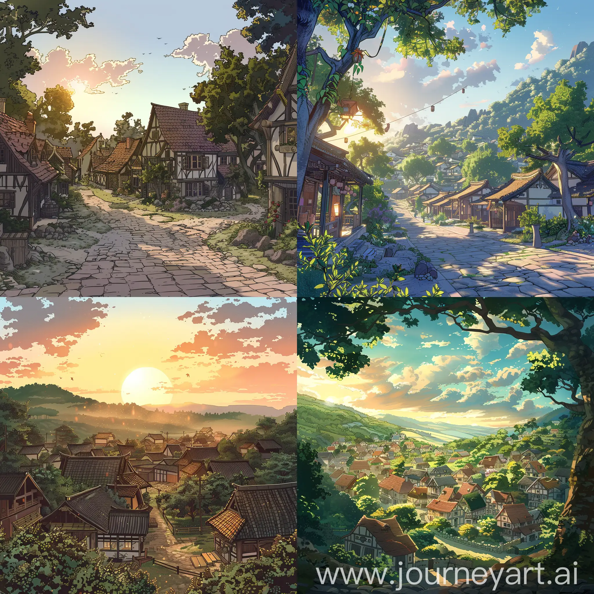 Enchanting Village Panel Wide shot of the village under the morning sun. For webtoon