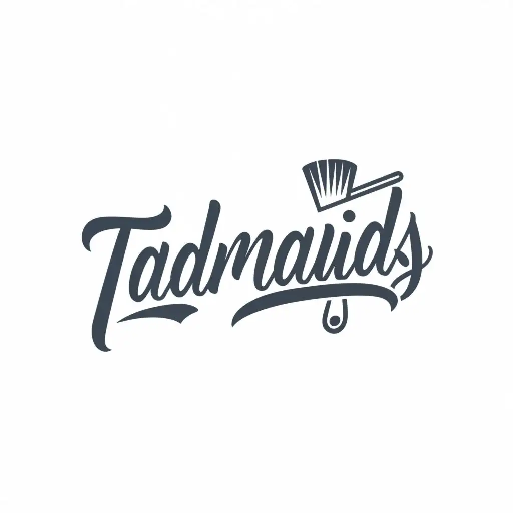 logo, Replace the i in the TADMAIDS with a broom and the logo colour should be blue, with the text "TADMAIDS", typography, be used in Home Family industry