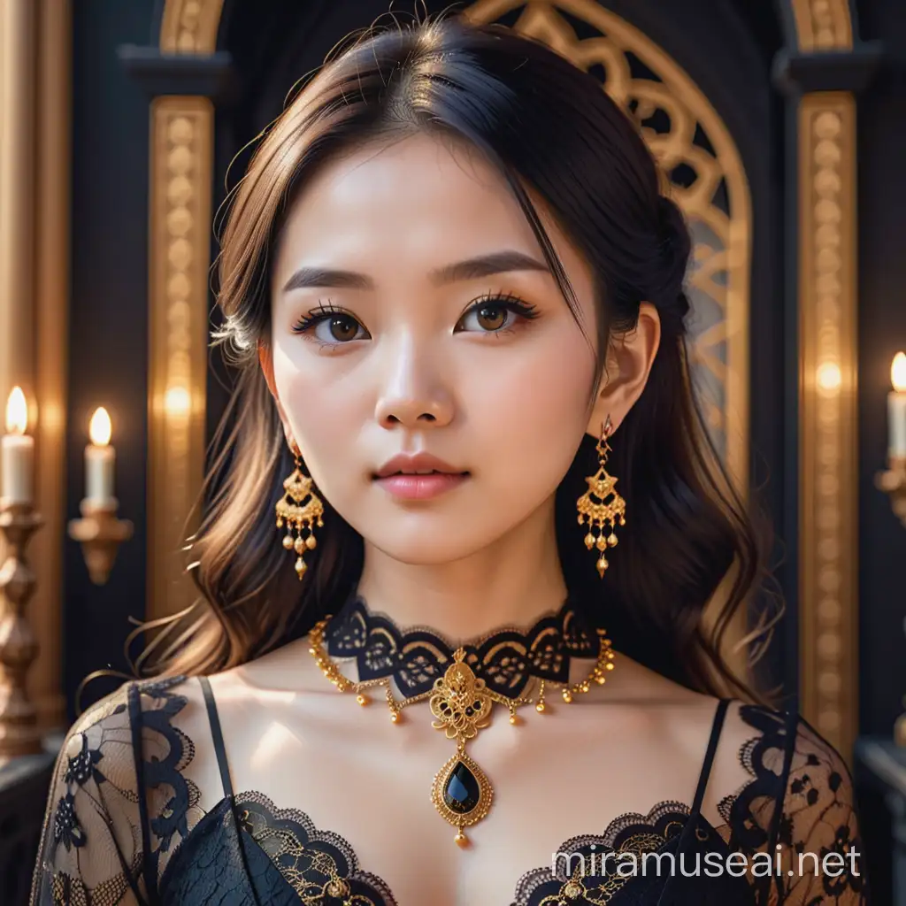 Asian girl with a delicate face and ideal figure, dressed in an elegant black and gold lace dress, adorned with necklace and earrings, poses with grace, embodying an aesthetically enhanced beauty, capturing gothic tones with a divine aura,8k,hdr.