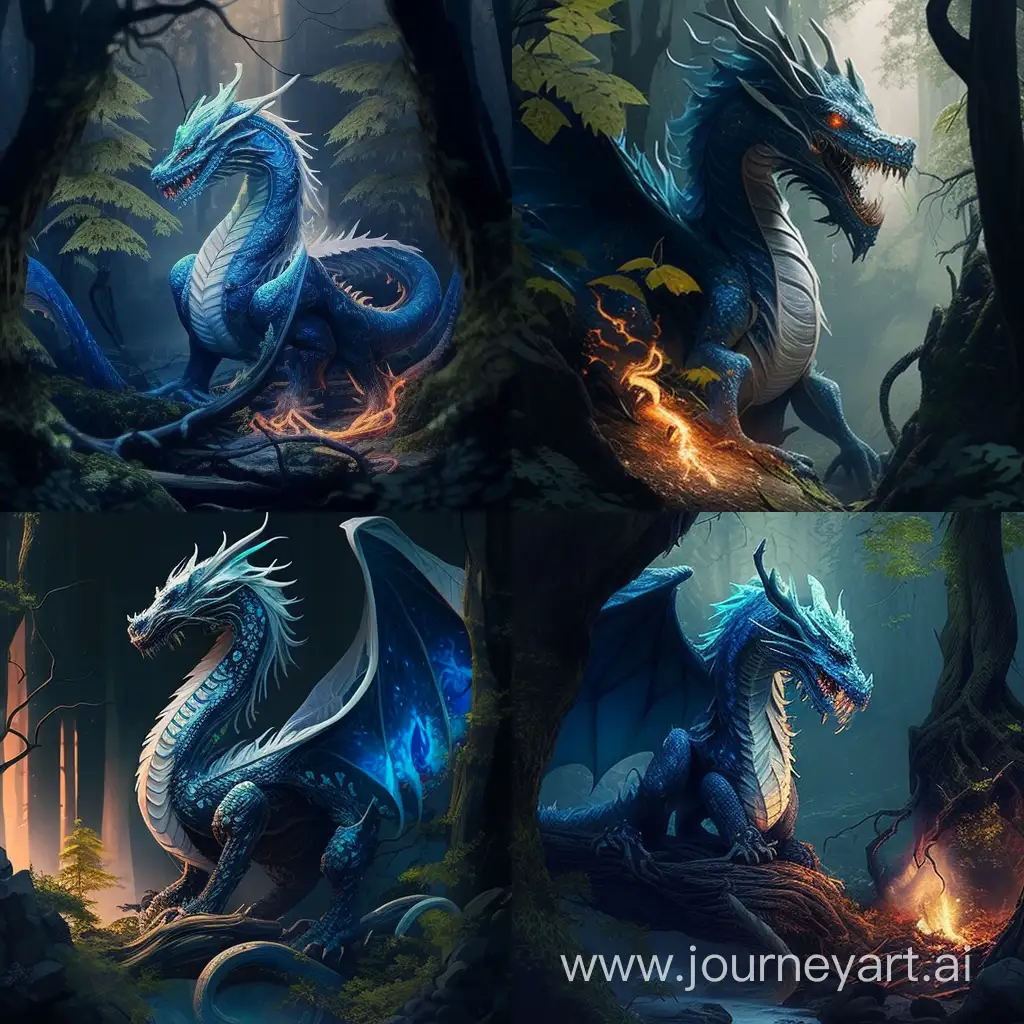 Китайский белый дракон с голубым огнем в лесу