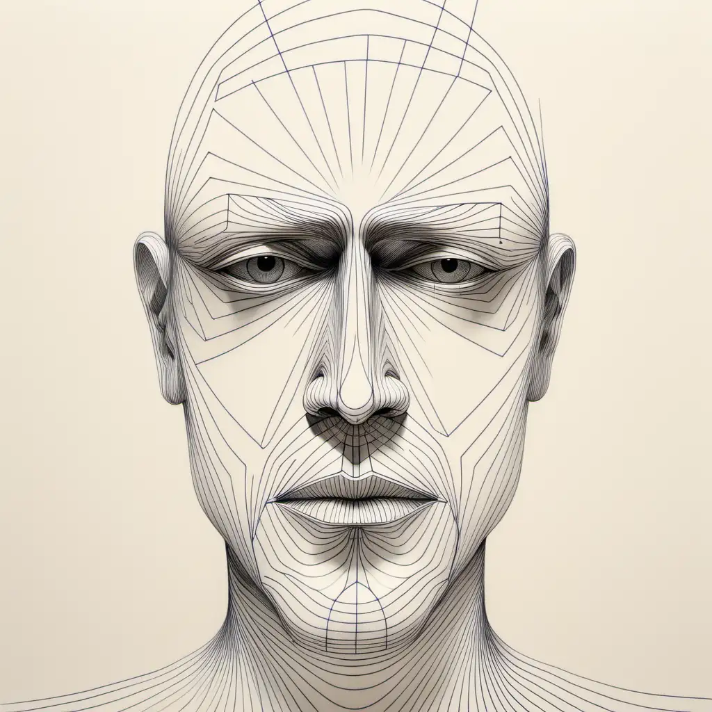 drawing of Abstract men's face made by very tiny concentrated strait lines very close to each other