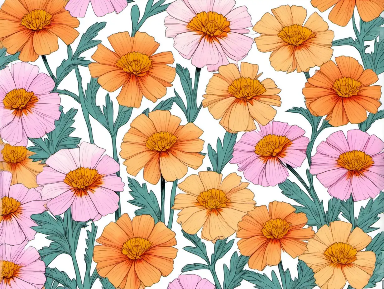Pastel Watercolor Marigolds Floral Clipart Inspired by Andy Warhol on White Background