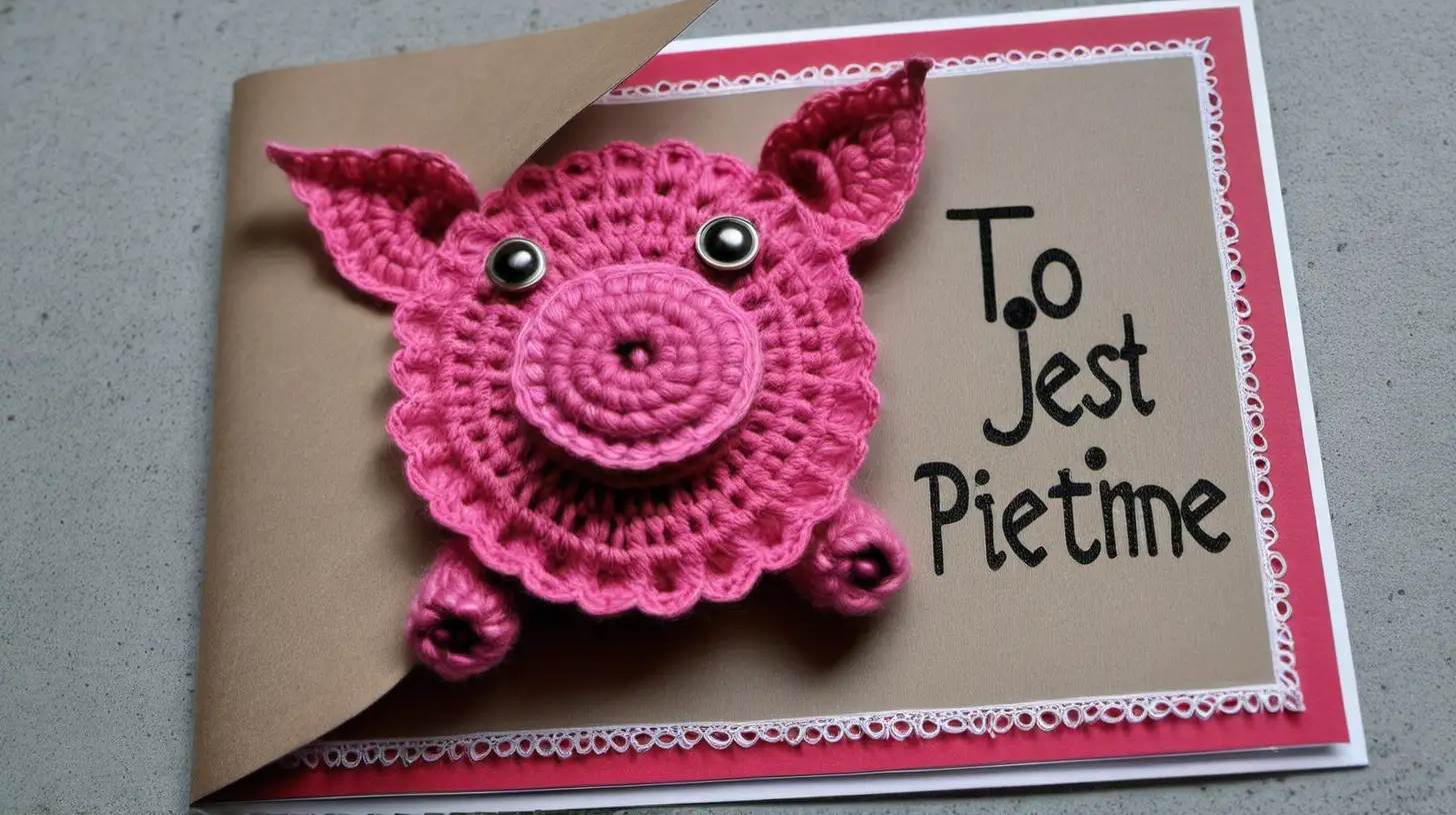 Handcrafted Birthday Card with Crocheted Pig and Polish Greeting TO JEST PIETNE