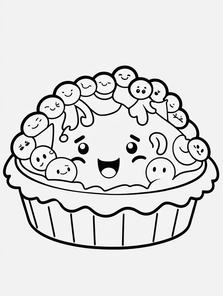 coloring book, cartoon drawing, clean black and white, single line, white background, cute large pie, emojis