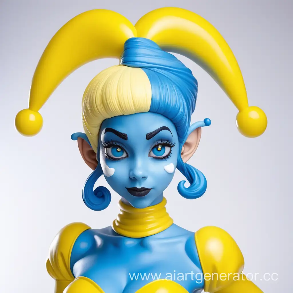 Латексная девушка в образе смурфетты с резиновой синей кожей с желтой резиновой прической с белым резиновым колпаком на голове изображение сделать в милой стилистике