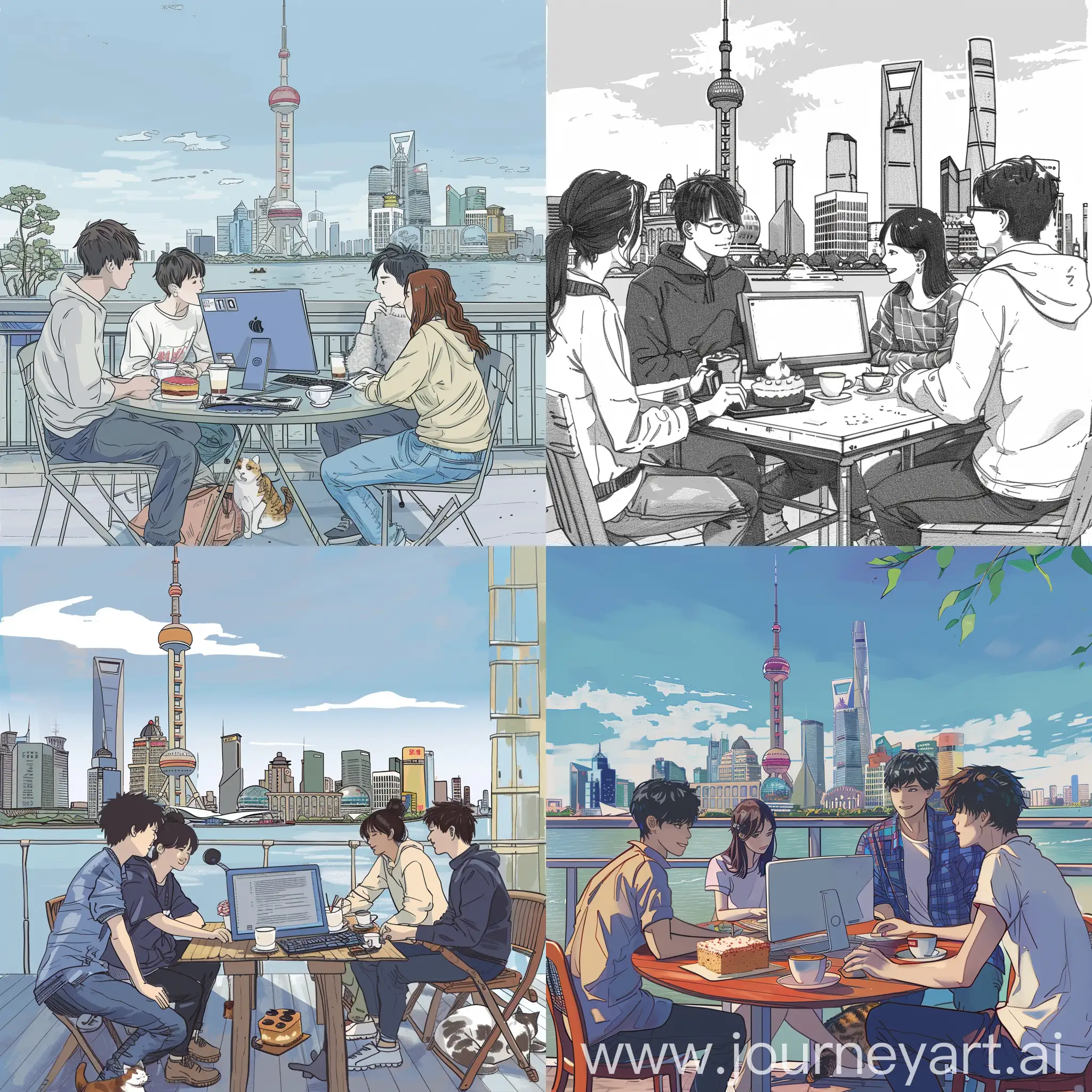 Four-Friends-Chatting-at-Caf-Terrace-with-Oriental-Pearl-Tower-View
