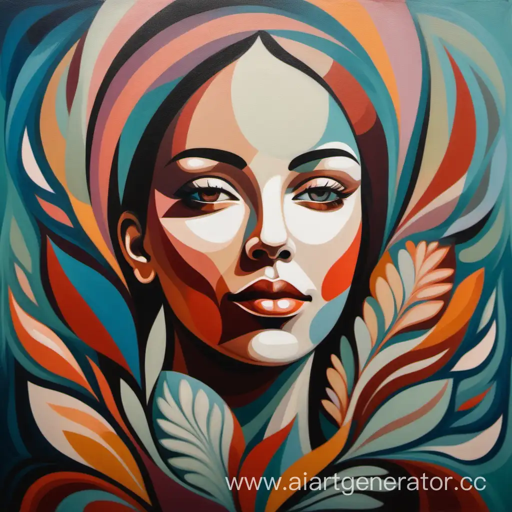 Portrait of a woman, abstract, harmony of shapes and colors, floral patterns around