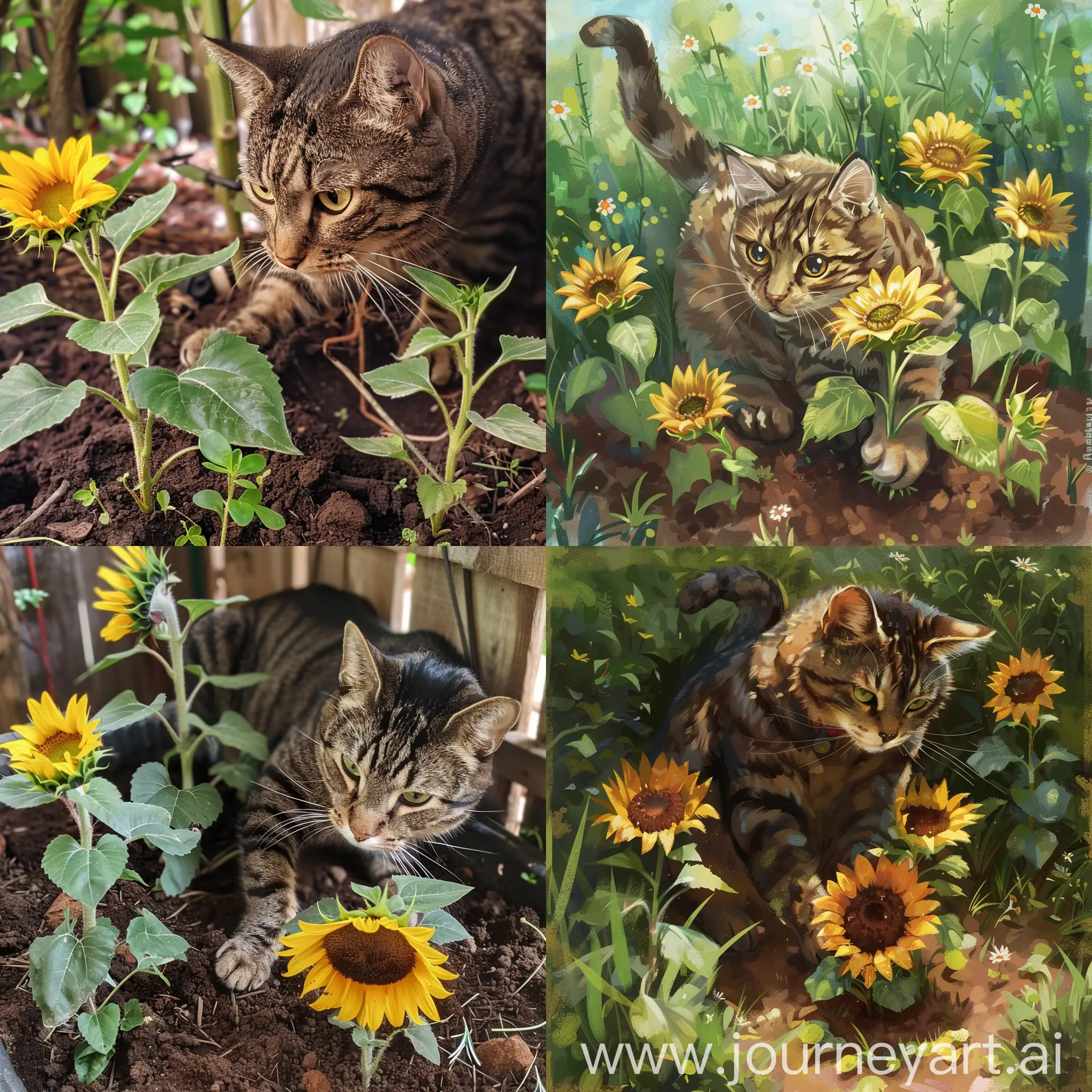 On an ordinary afternoon,a cat was planting its favorite sunflowers in its little garden.