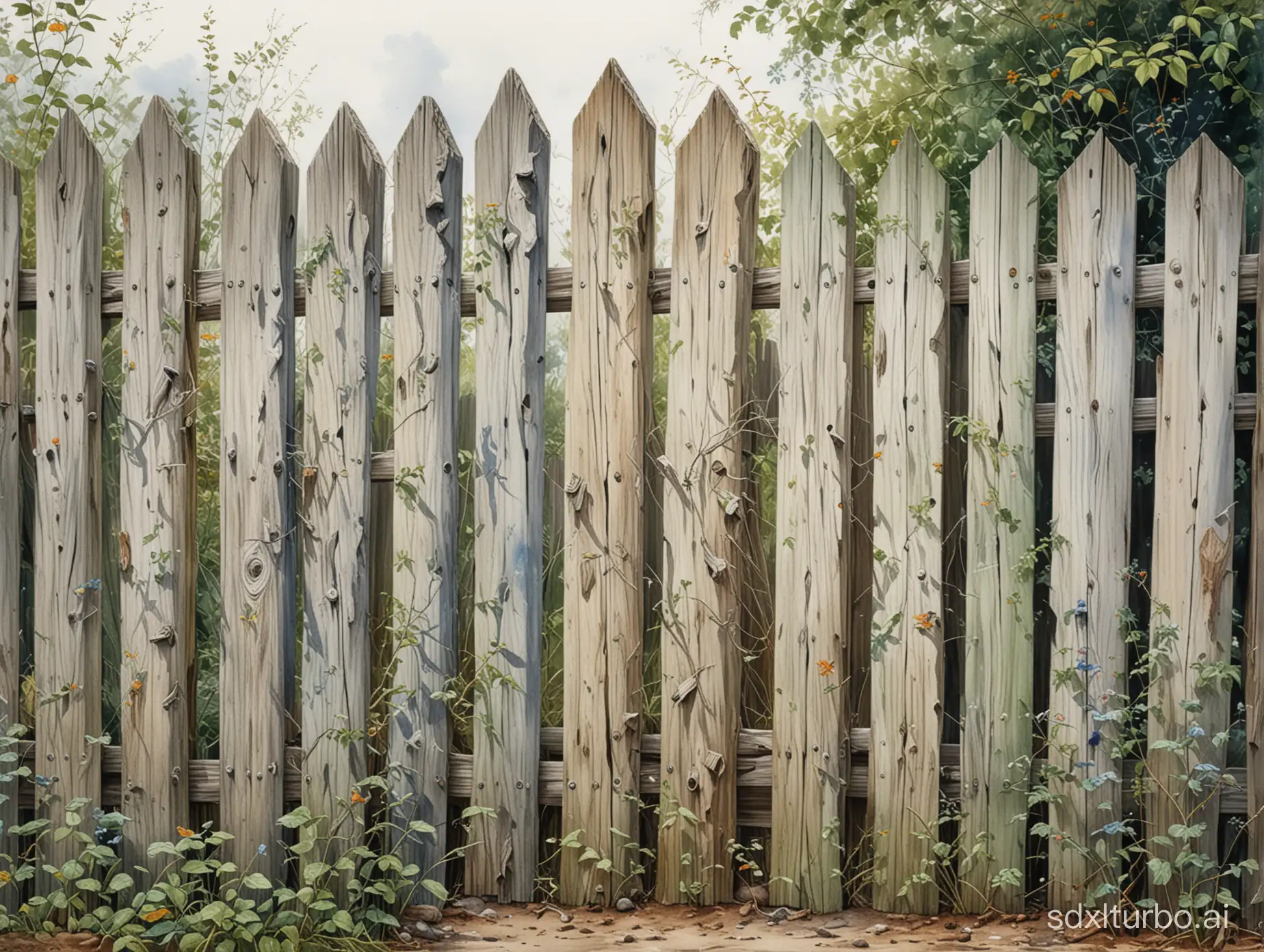 A disheveled wooden fence, highly and delicately detailed drawing, intricate watercolor