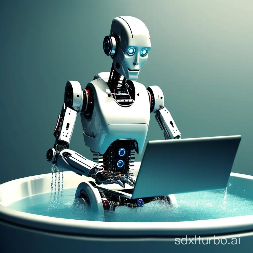robot with computer bathing on videos
