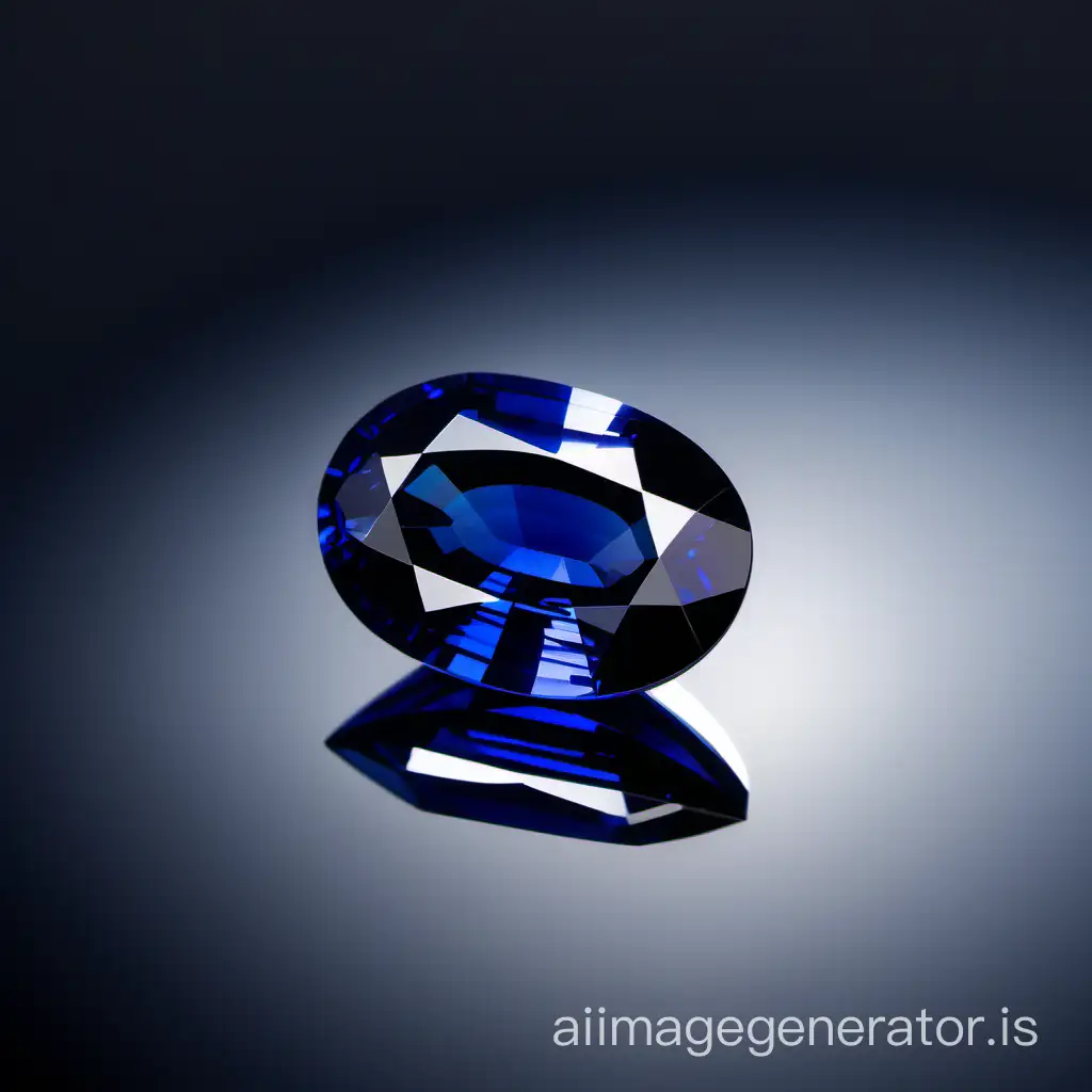 Realistic Blue sapphire oval step cut gemstone on a mirror like surface