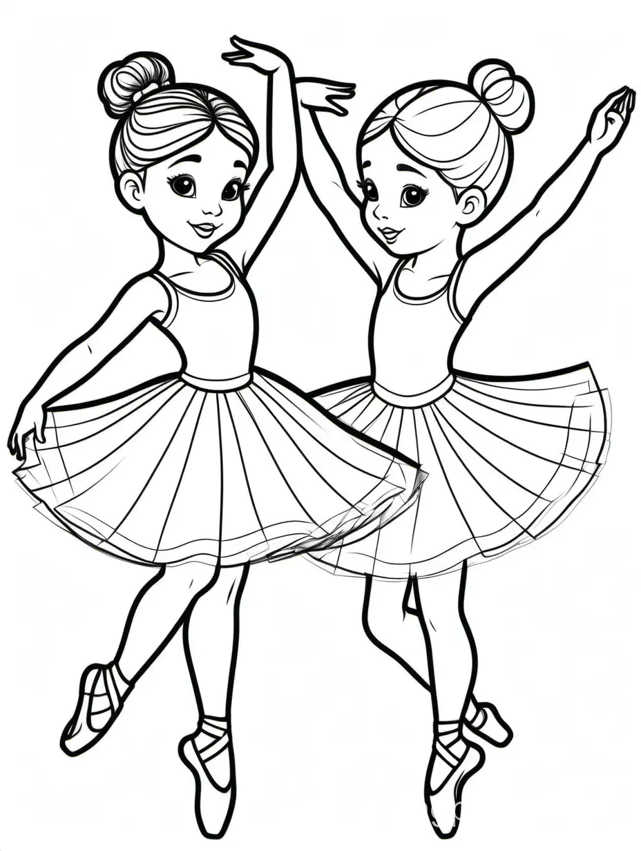 2 ballerina girls, tutus, dancing together, beautiful, hair in bun, colorless

, Coloring Page, black and white, line art, white background, Simplicity, Ample White Space. The background of the coloring page is plain white to make it easy for young children to color within the lines. The outlines of all the subjects are easy to distinguish, making it simple for kids to color without too much difficulty