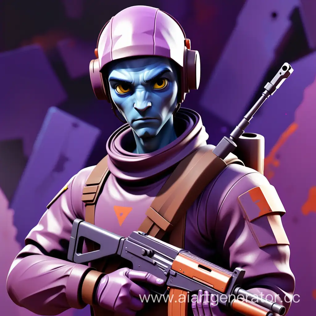 Аватарка По середине персонаж в антирадиационном костюме из игры Rust, с AK-47 Позади абстрактный фон фиолетового цвета, крутая поза, лица не видно

