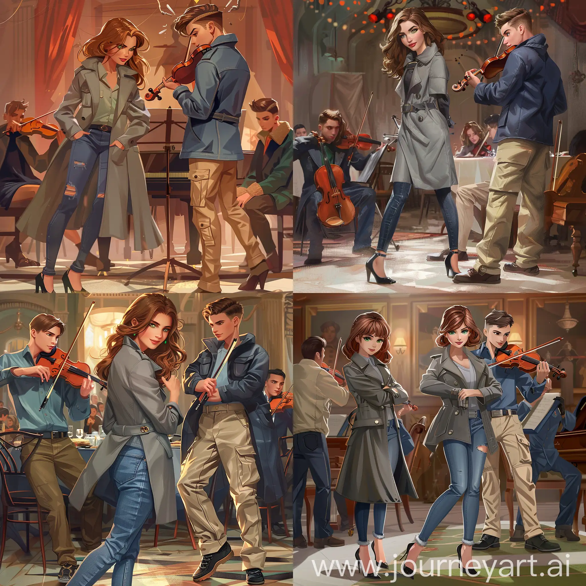 A beautiful girl with Brunette with green eyes is at dinner with a nice handsome boy with a beautiful french crop haircut. The girl wears a lovely gray coat and jeans and black heels. On the other hand, the boy wears beige cargo Trousers and a nice blue coat. The atmosphere is great, behind them Two men playing the violin.