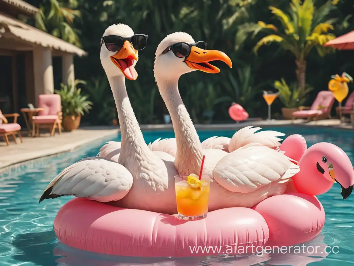 Крутой гусь в темных очках, с коктейлем в руке, на розовом надувном круге в виде фламинго в бассейне, солнечная погода