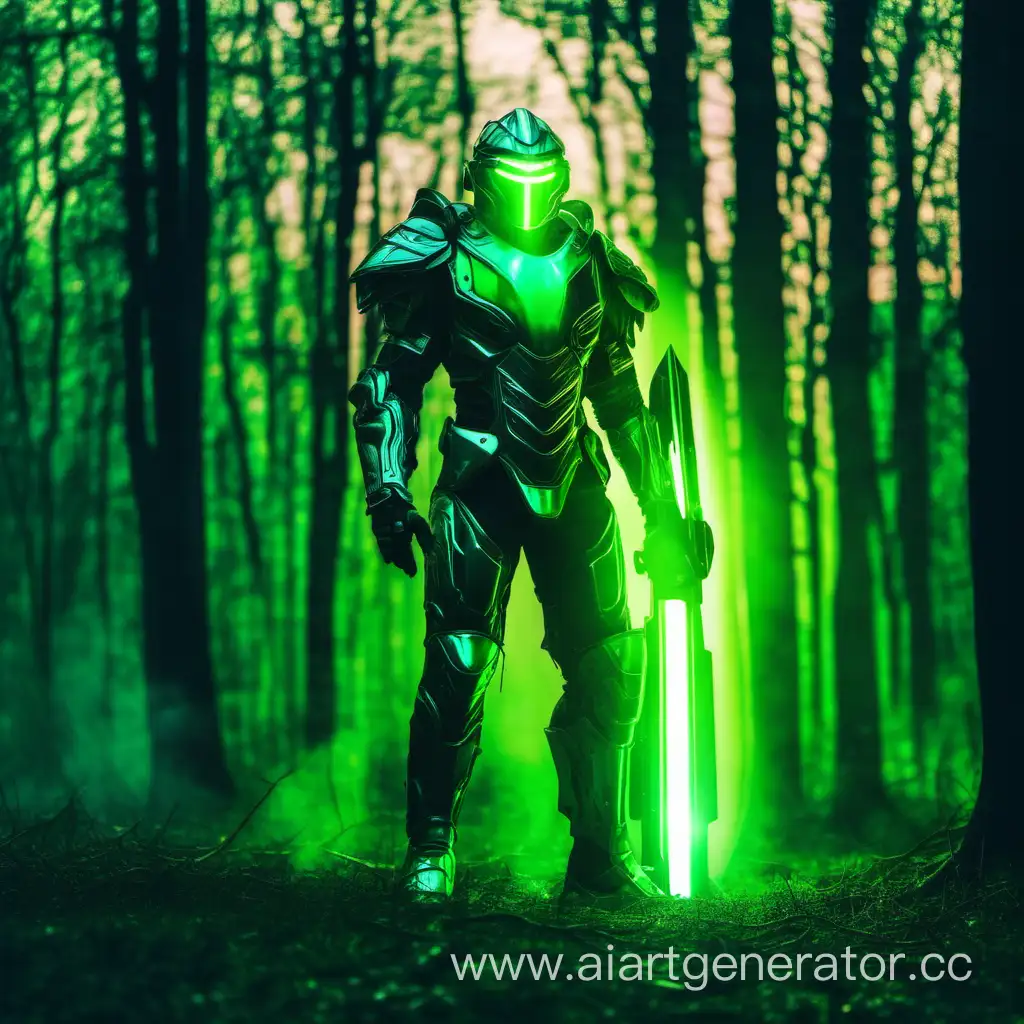 Futuristic-Warrior-in-Green-Armor-Amidst-Enchanted-Forest